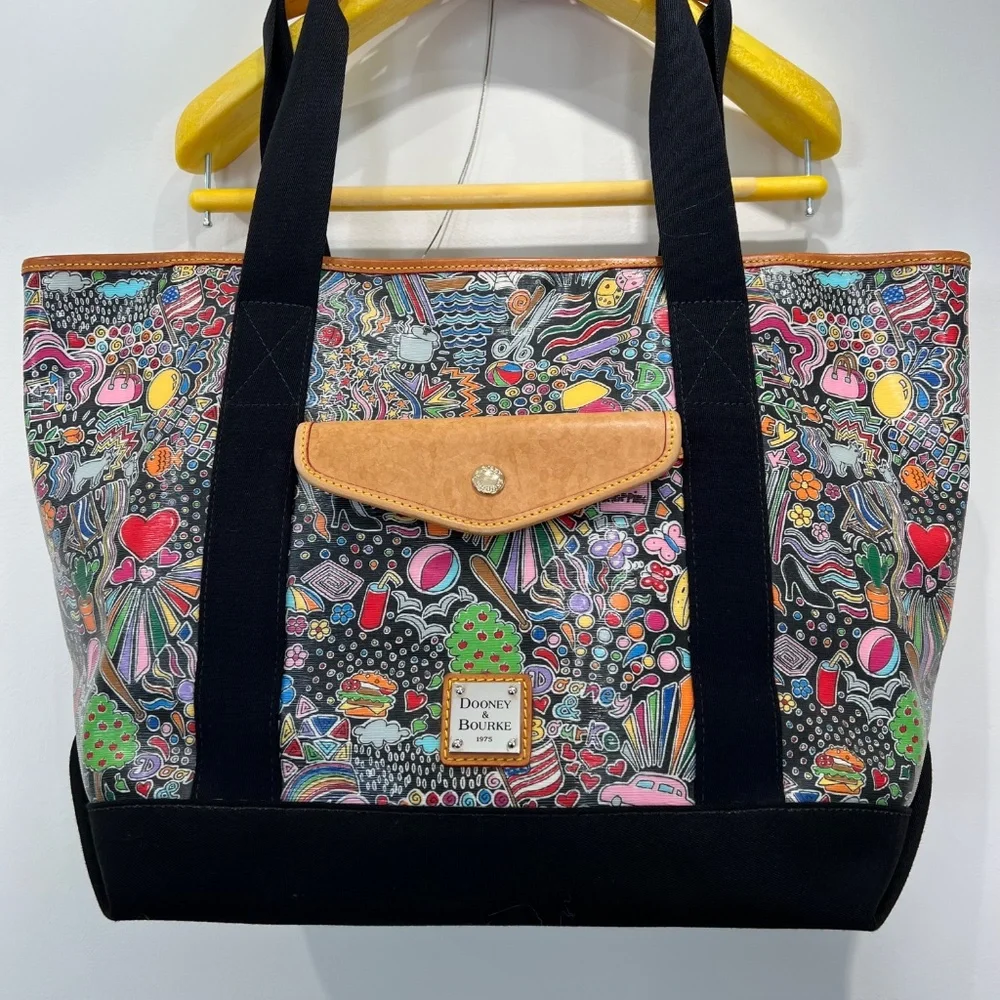 Vintage Dooney & Bourke shopper tote retired Whimsey Print Black key leash Rare - Picture 12 of 15